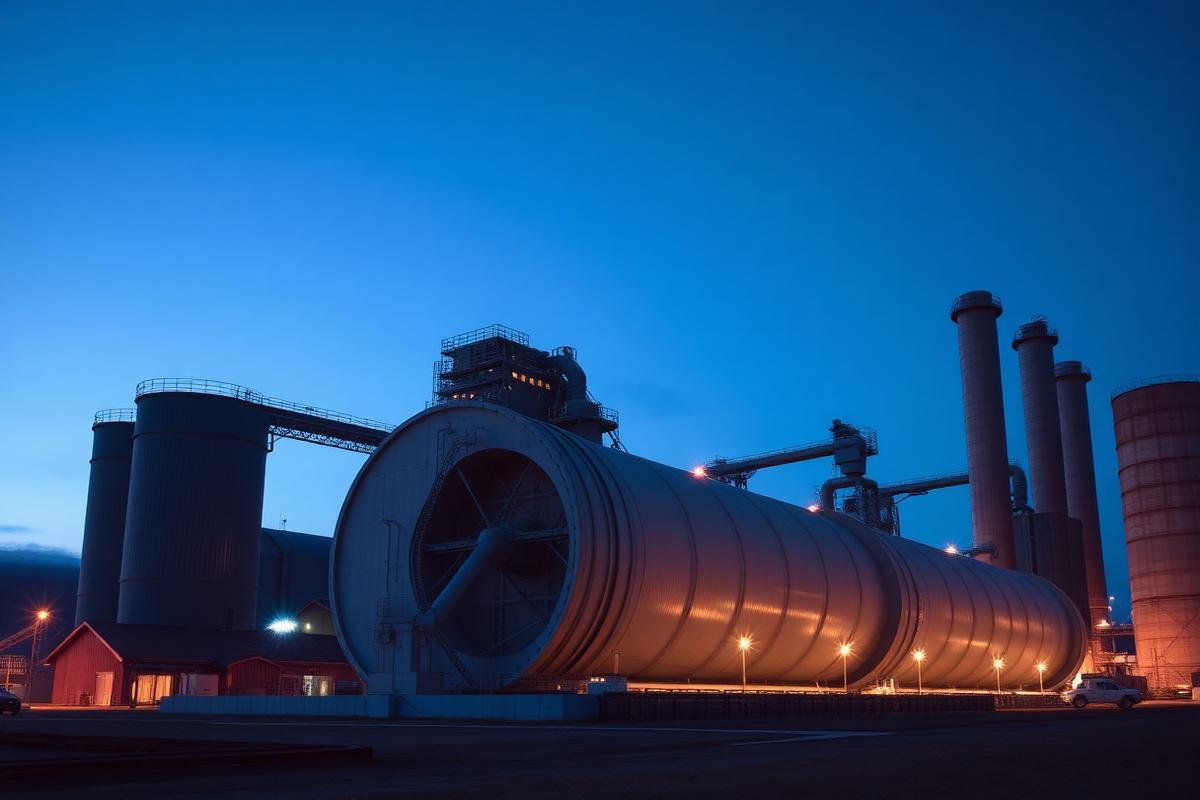Concept visualization of a cement plant rotary kiln at dusk