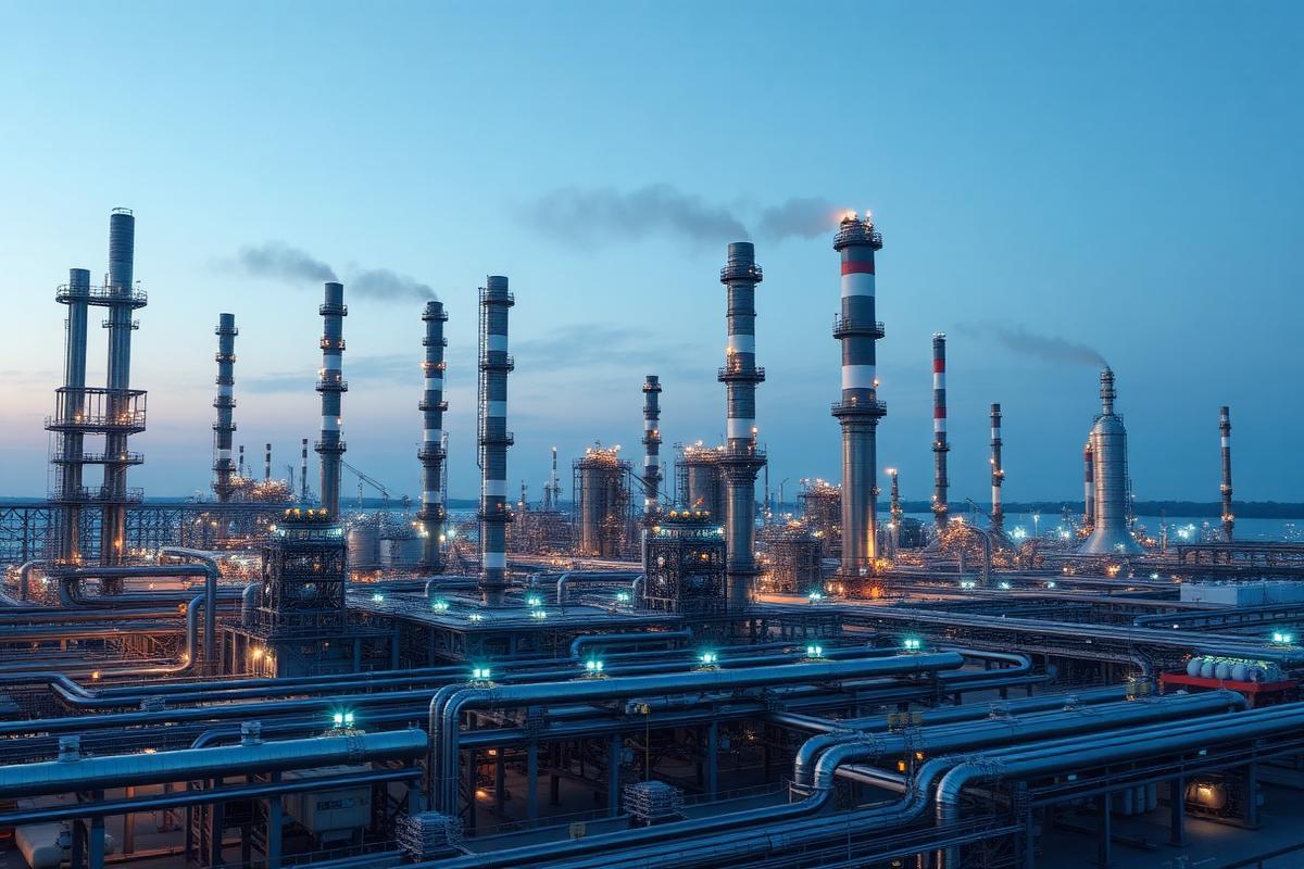 Concept visualization of an industrial process plant at blue hour
